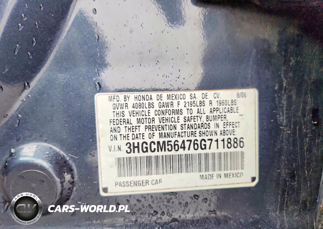 2006 Honda Accord Lx VIN:3HGCM56476G711886 - 13