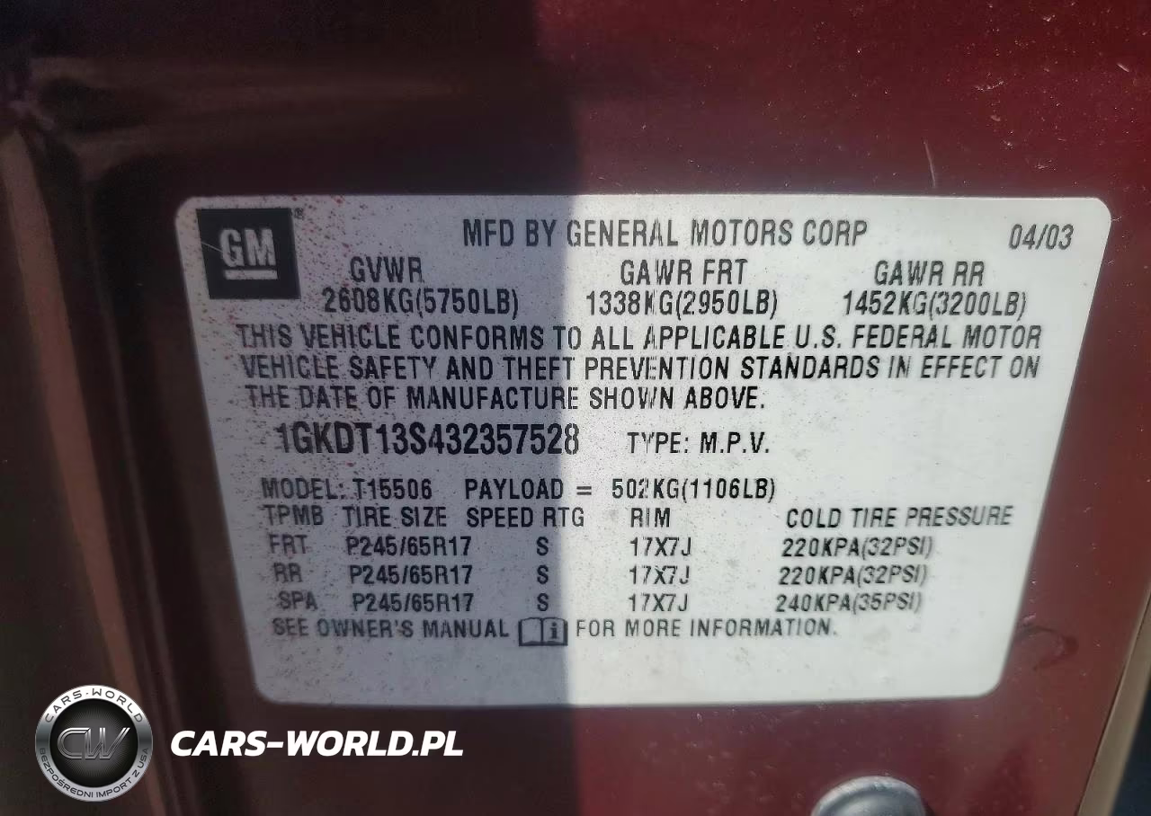 2003 GMC Envoy VIN:1GKDT13S432357528 - 13