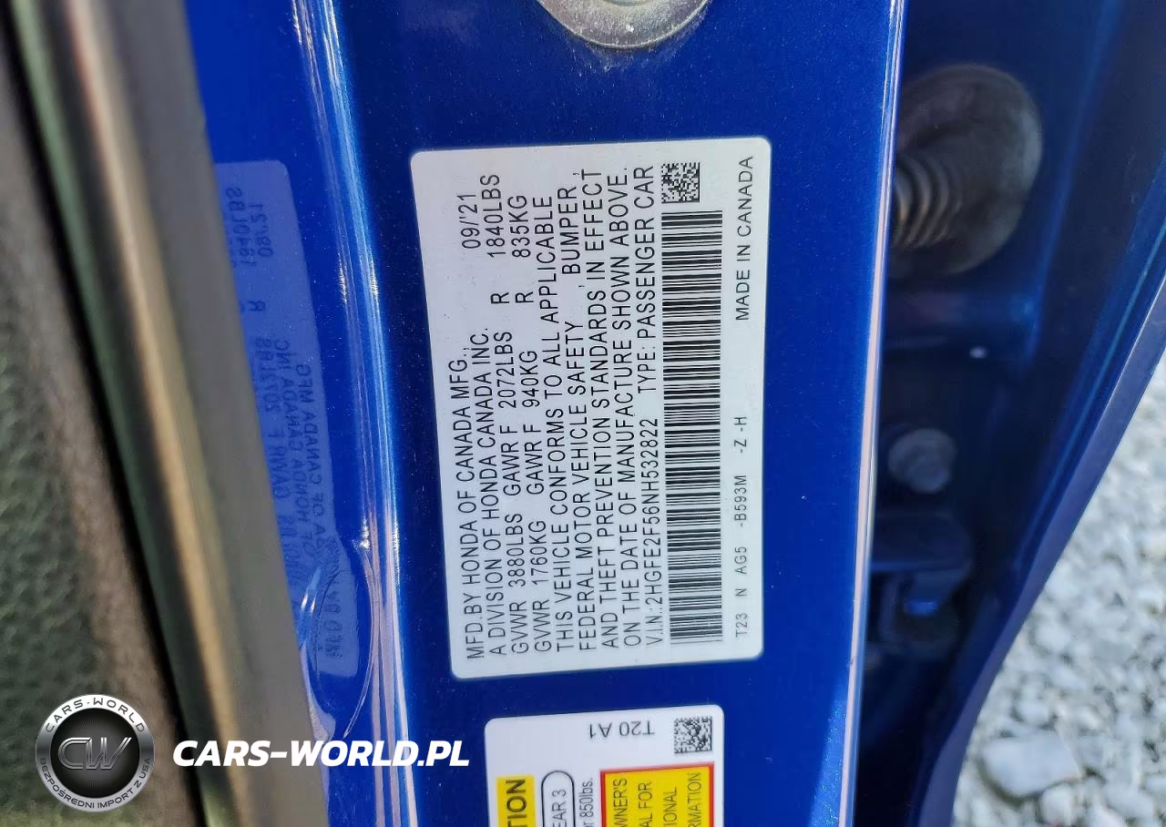 2022 Honda Civic Sport VIN:2HGFE2F56NH532822 - 13