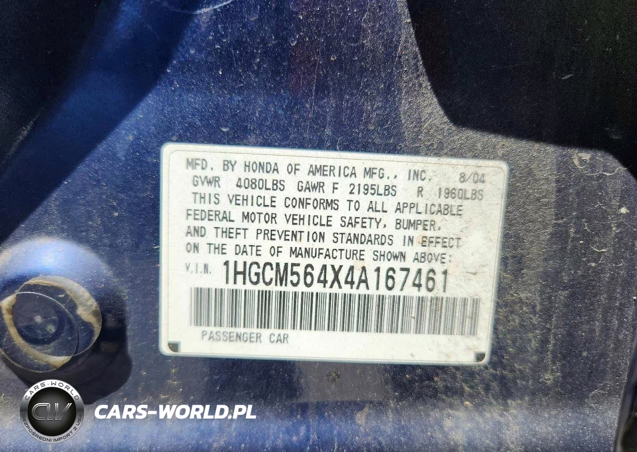 2004 Honda Accord Lx VIN:1HGCM564X4A167461 - 12