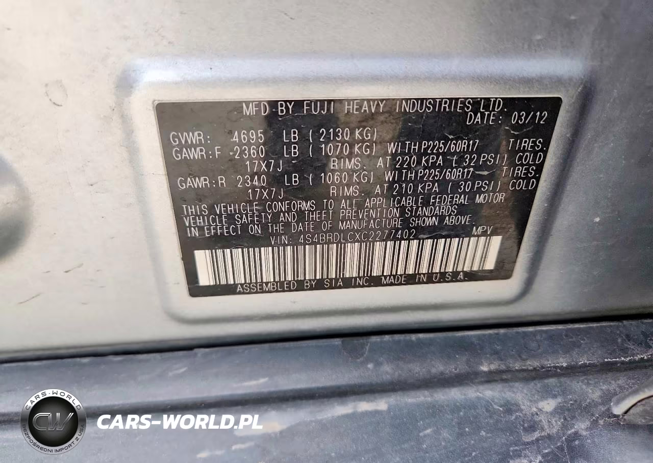 2012 Subaru Outback 3.6R Limited VIN:4S4BRDLCXC2277402 - 12