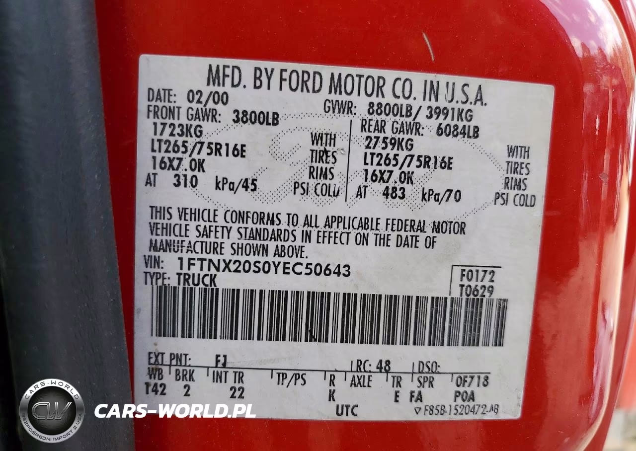 2000 Ford F250 Super Duty VIN:1FTNX20S0YEC50643 - 12