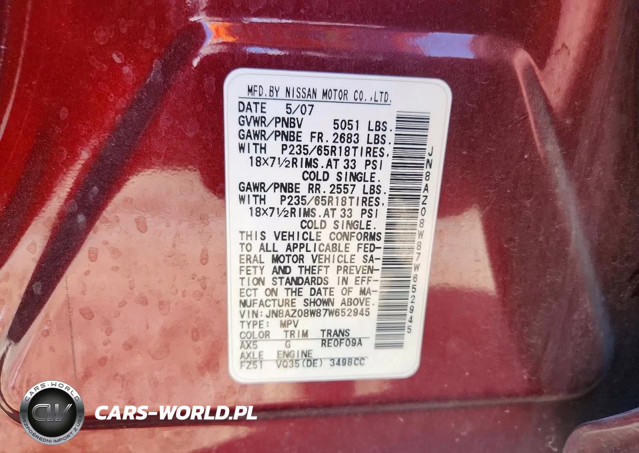 2007 Nissan Murano S VIN:JN8AZ08W87W652945 - 14