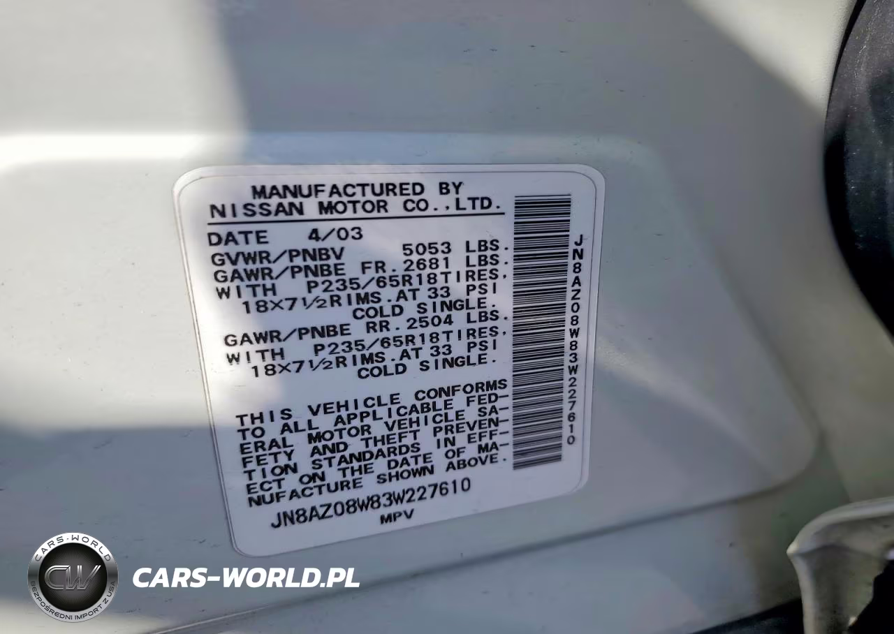 2003 Nissan Murano VIN:JN8AZ08W83W227610 - 13