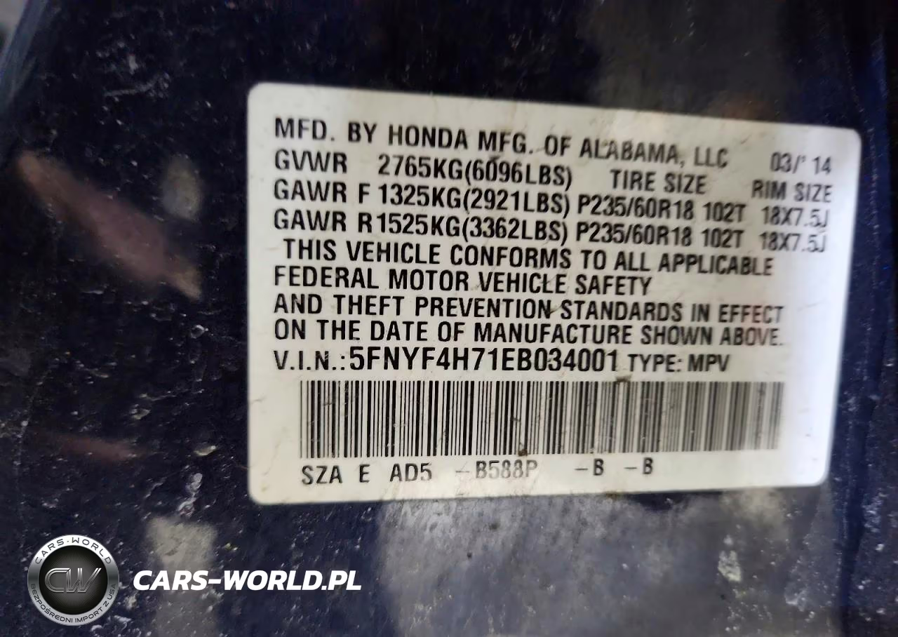 2014 Honda Pilot Exln VIN:5FNYF4H71EB034001 - 14