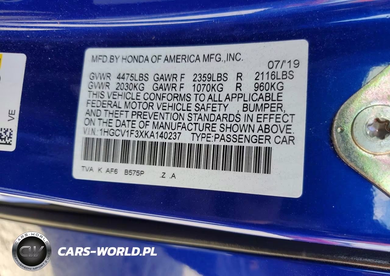 2019 Honda Accord Sport VIN:1HGCV1F3XKA140237 - 12