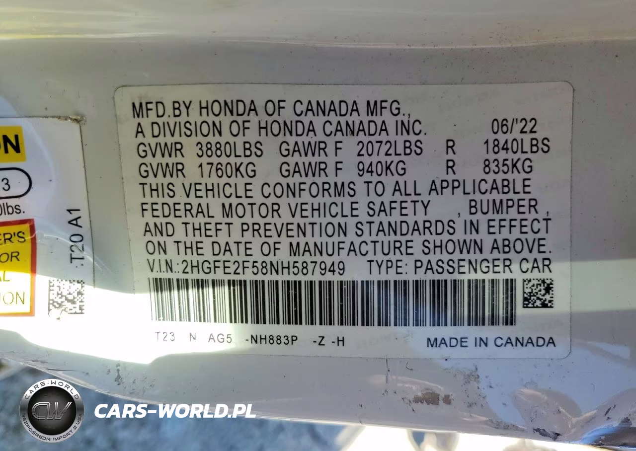 2022 Honda Civic Sport VIN:2HGFE2F58NH587949 - 13