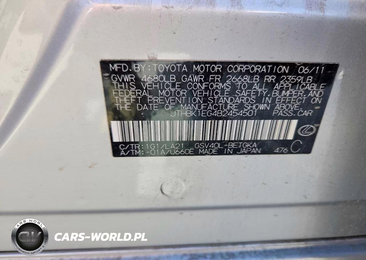 2011 Lexus Es 350 Base VIN:JTHBK1EG4B2454501 - 12