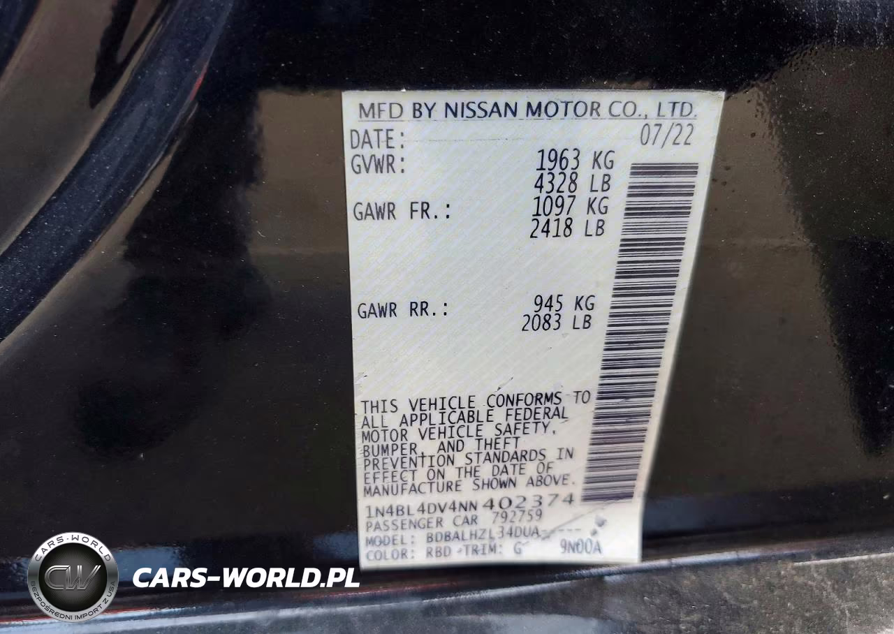 2022 Nissan Altima 2.5 Sv VIN:1N4BL4DV4NN402374 - 12