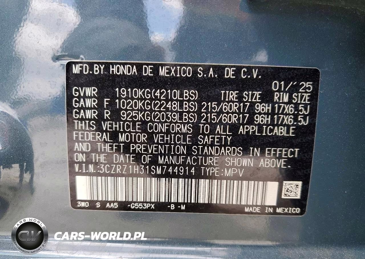 2025 Honda Hr-V Lx VIN:3CZRZ1H31SM744914 - 13