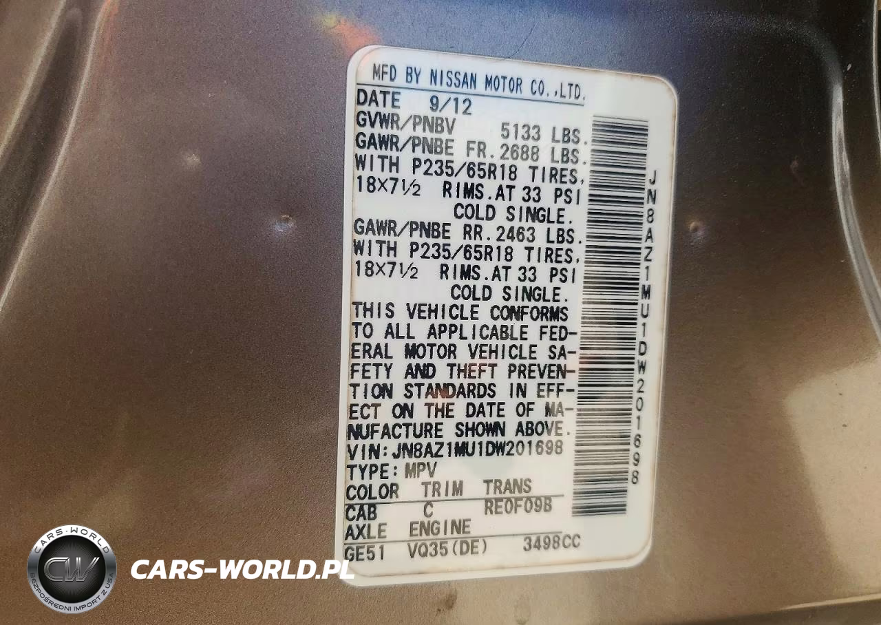 2013 Nissan Murano S VIN:JN8AZ1MU1DW201698 - 14