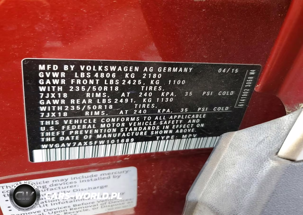 2015 Volkswagen Tiguan S VIN:WVGAV7AX5FW101689 - 12