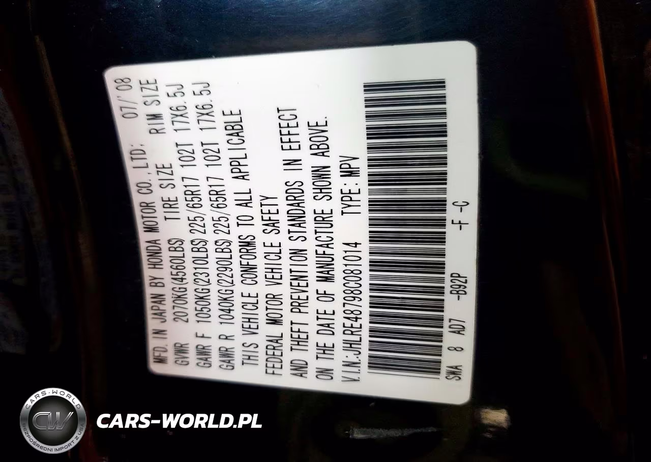 2008 Honda Cr-V Exl VIN:JHLRE48798C081014 - 13