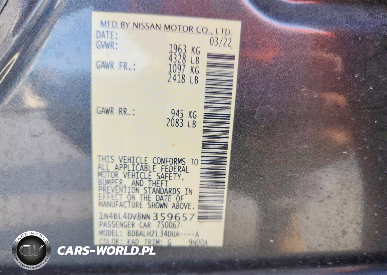 2022 Nissan Altima 2.5 Sv VIN:1N4BL4DV8NN359657 - 13