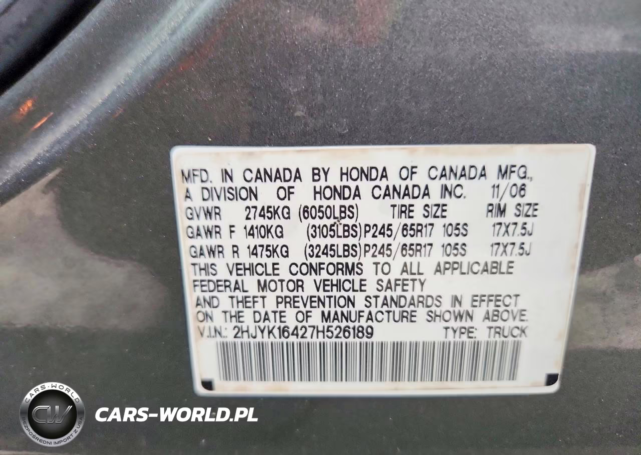 2007 Honda Ridgeline VIN:2HJYK16427H526189 - 12