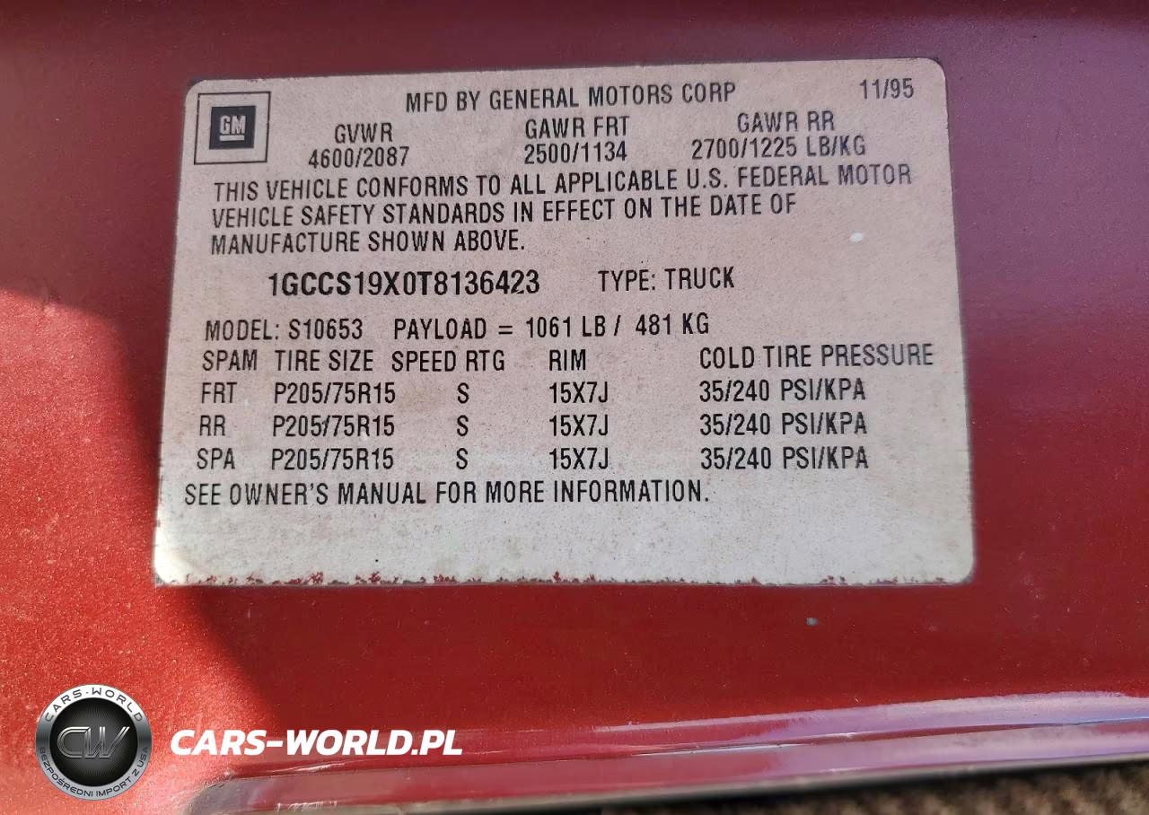 1996 Chevrolet S Truck S10 VIN:1GCCS19X0T8136423 - 12