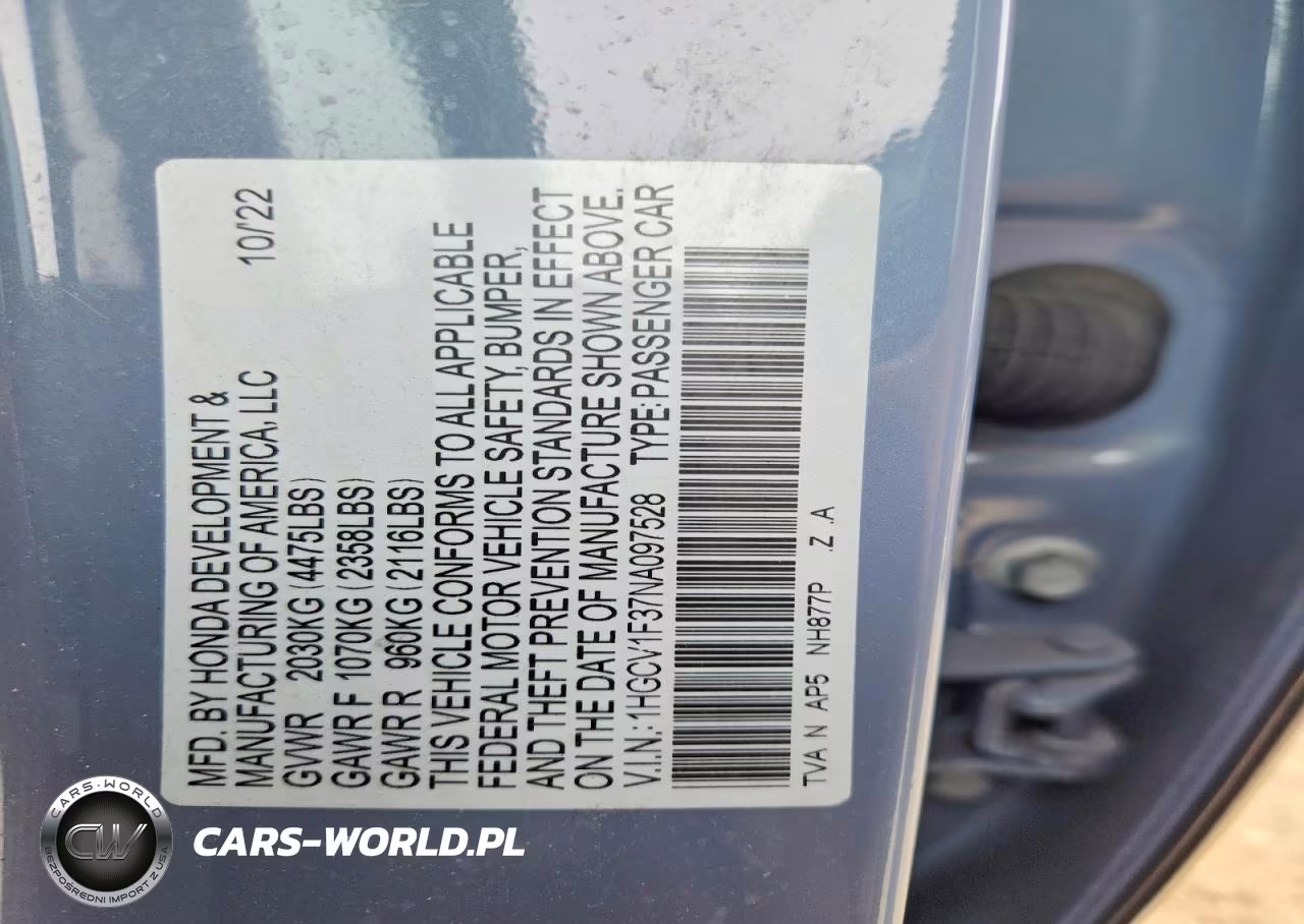 2022 Honda Accord Sport VIN:1HGCV1F37NA097528 - 12