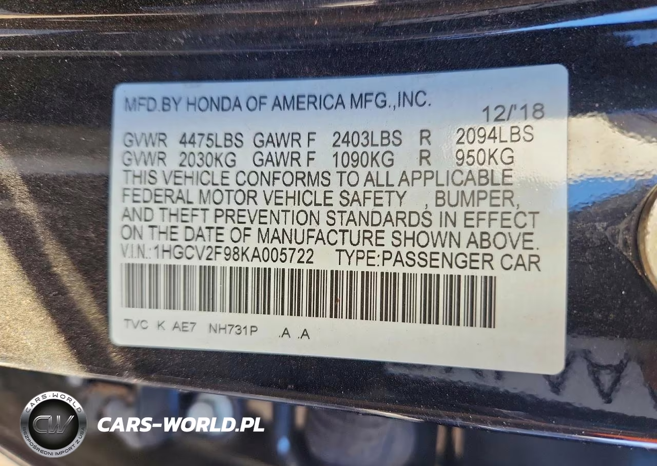 2019 Honda Accord Touring VIN:1HGCV2F98KA005722 - 12