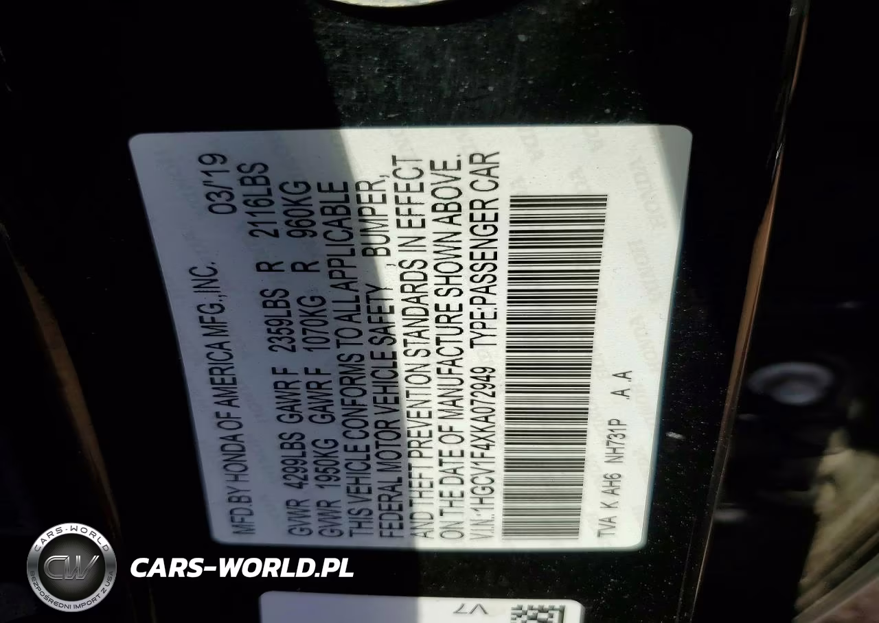 2019 Honda Accord Ex VIN:1HGCV1F4XKA072949 - 12