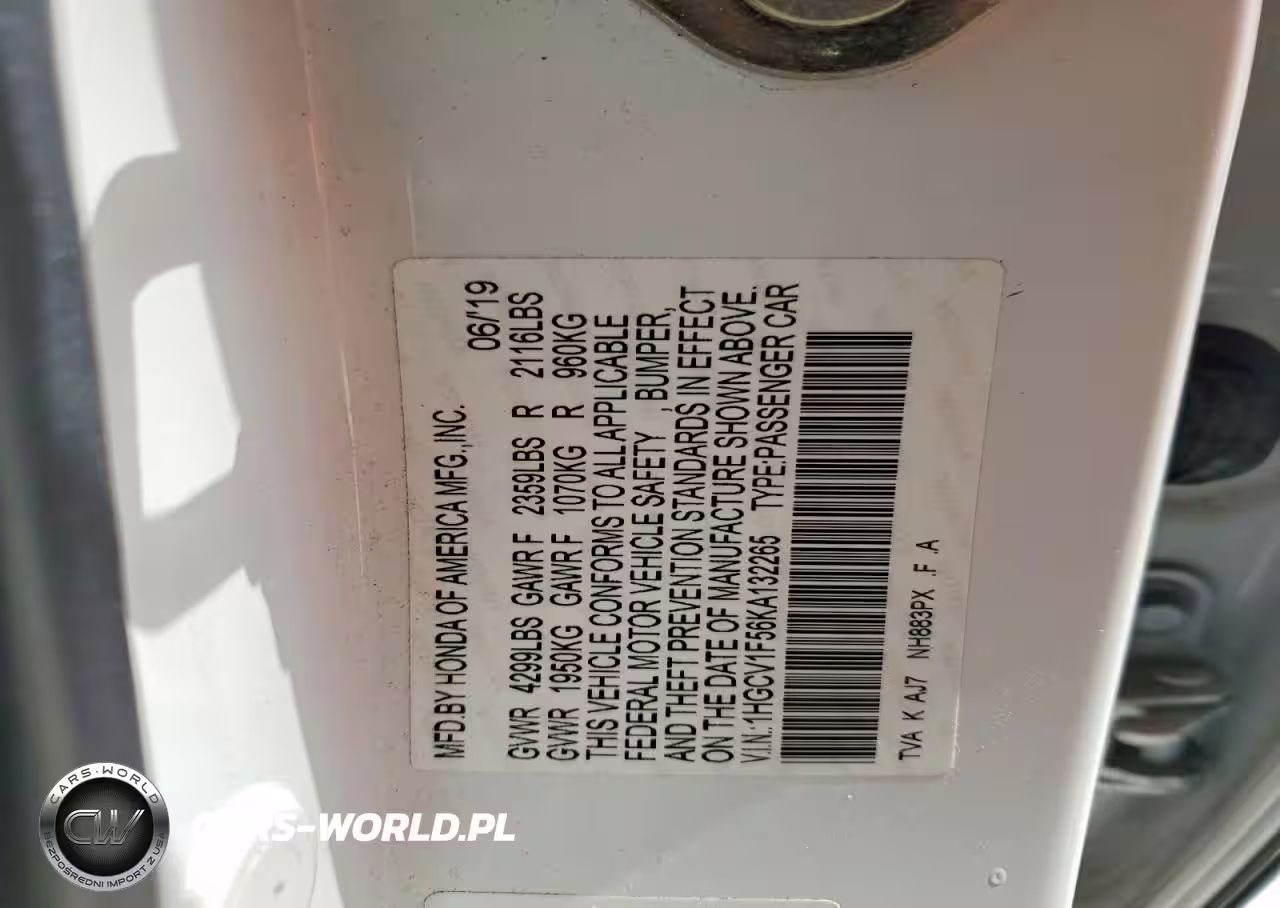 2019 Honda Accord Exl VIN:1HGCV1F56KA132265 - 13
