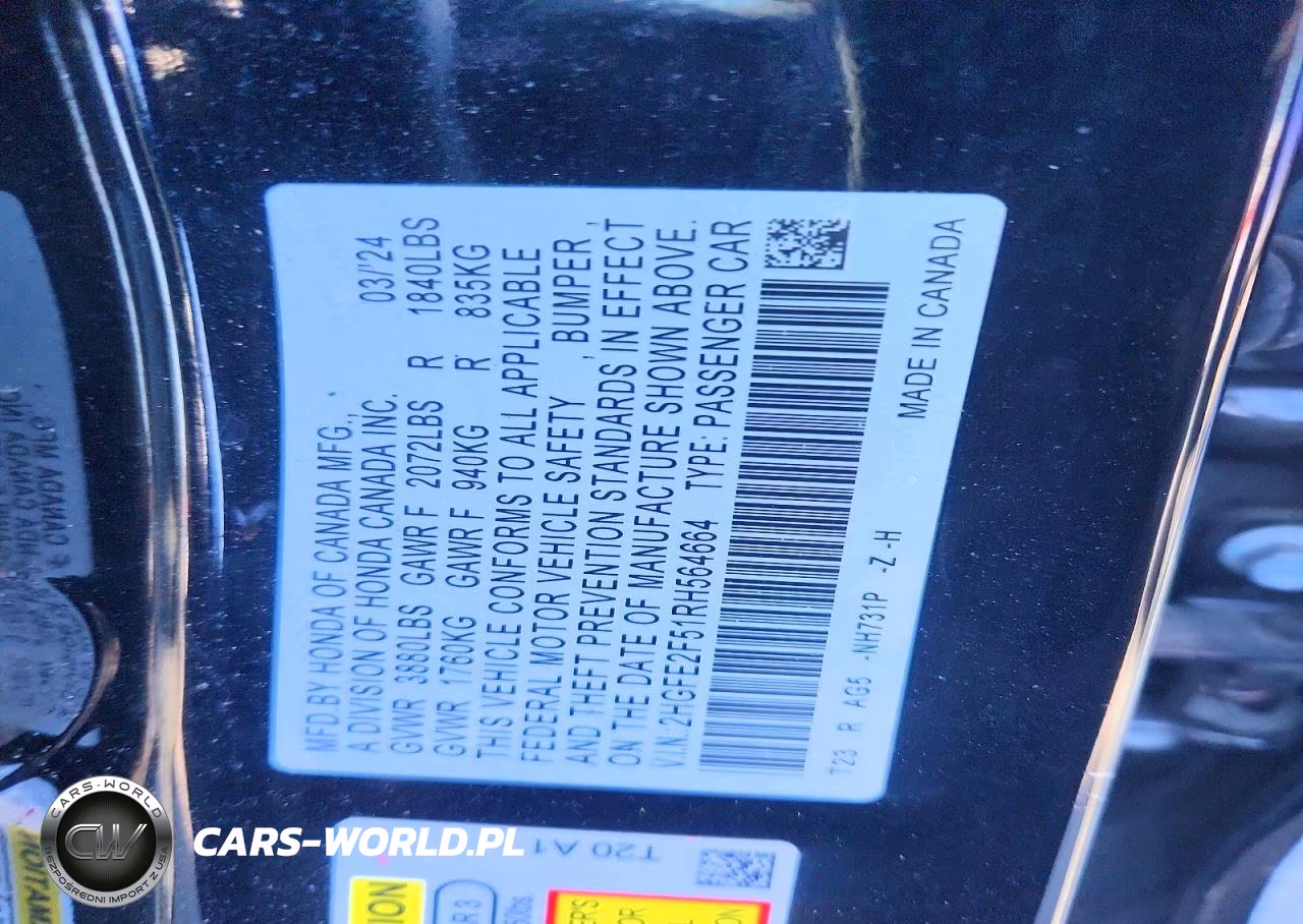 2024 Honda Civic Sport VIN:2HGFE2F51RH564664 - 13