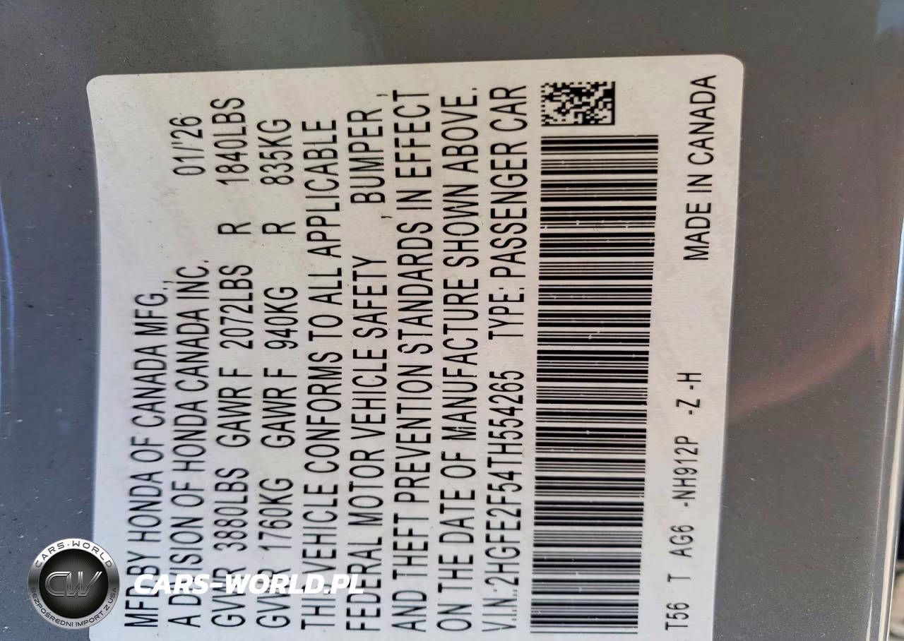 2026 Honda Civic Sport VIN:2HGFE2F54TH554265 - 12