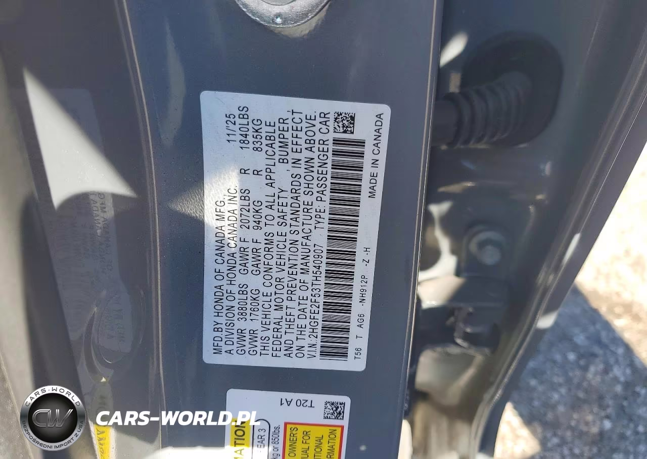 2026 Honda Civic Sport VIN:2HGFE2F53TH540907 - 12