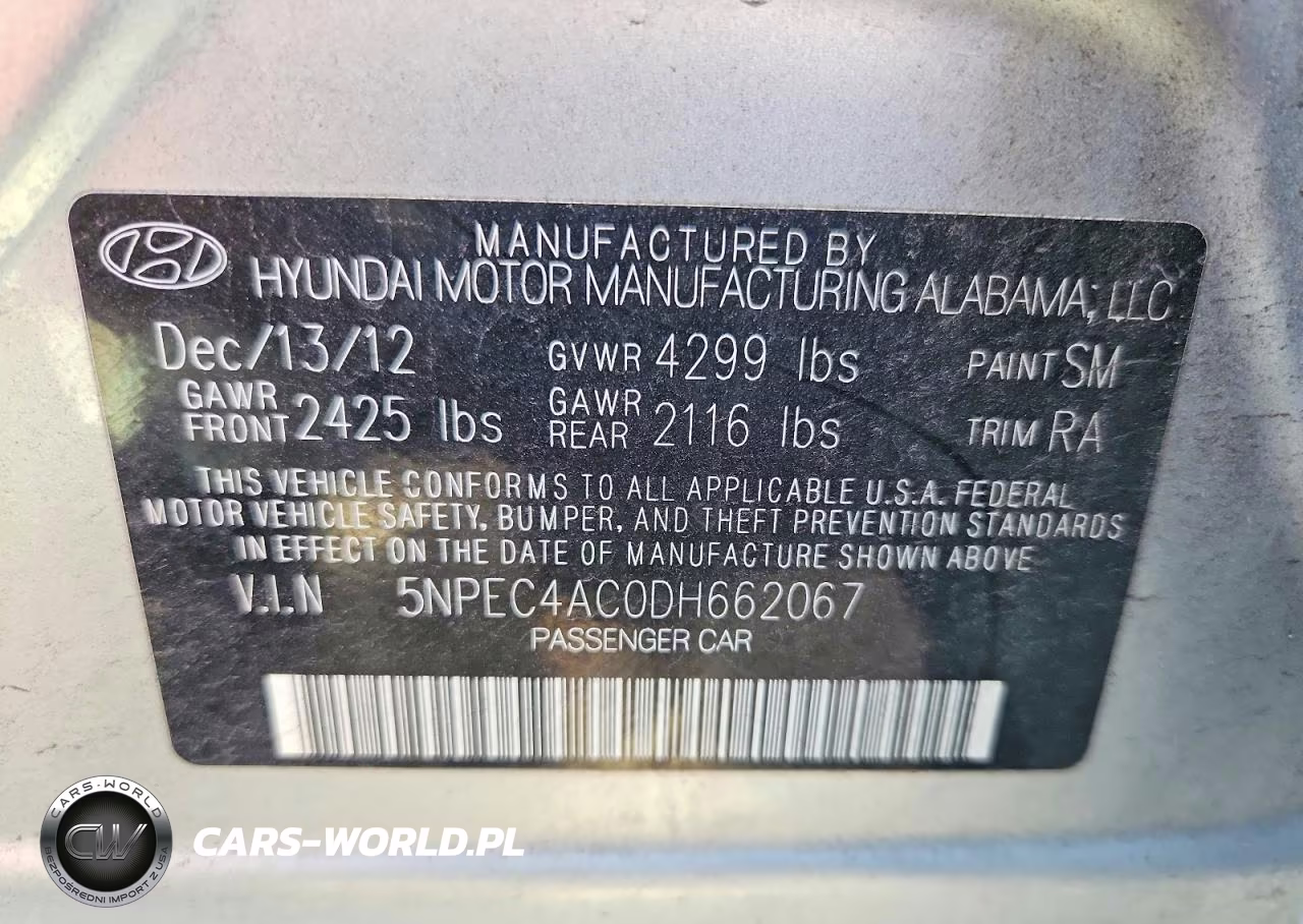 2013 Hyundai Sonata Se VIN:5NPEC4AC0DH662067 - 12