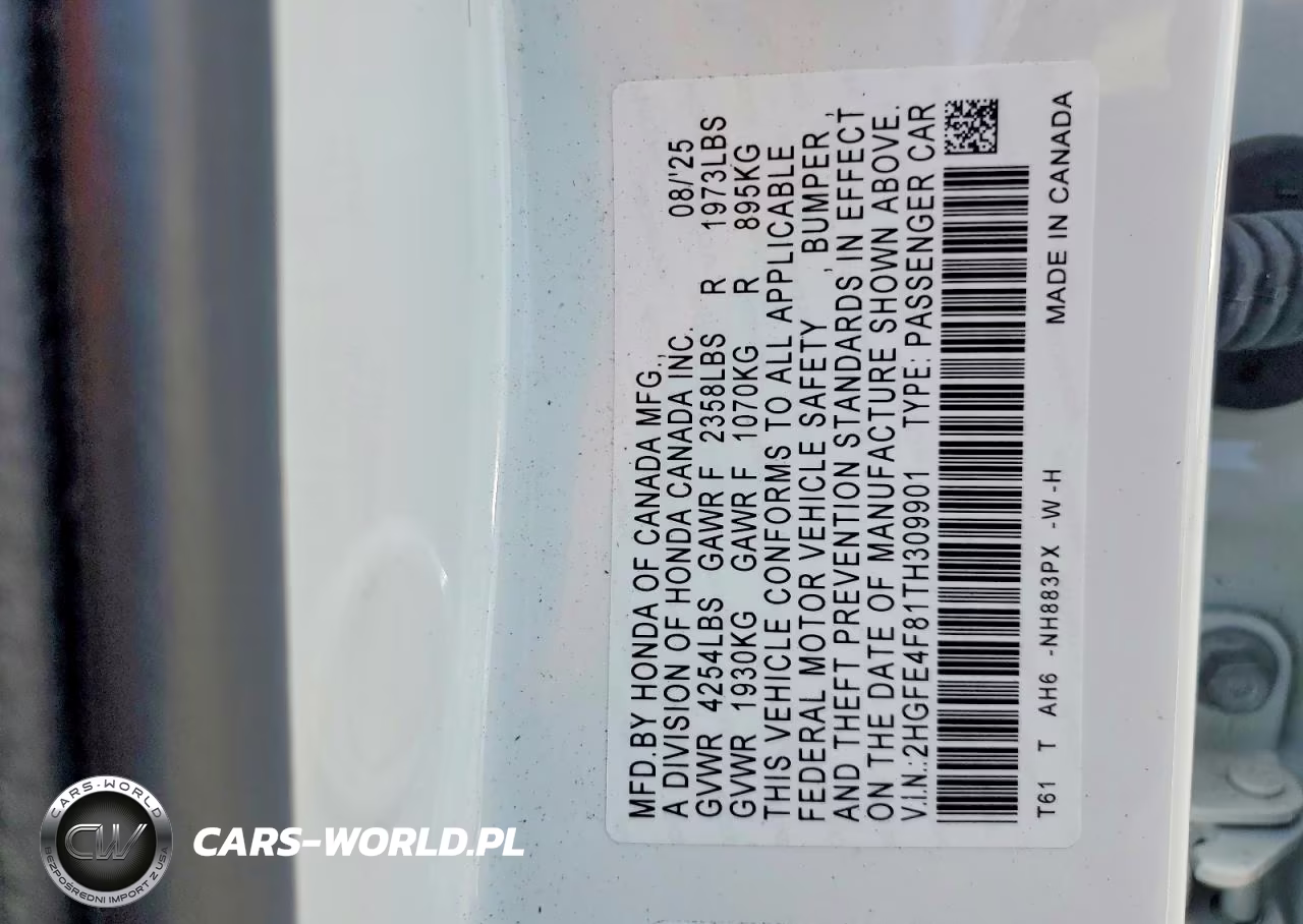 2026 Honda Civic Sport VIN:2HGFE4F81TH309901 - 12
