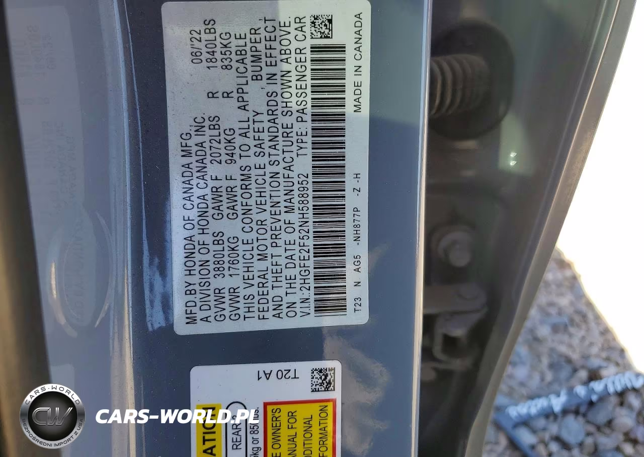 2022 Honda Civic Sport VIN:2HGFE2F52NH588952 - 12
