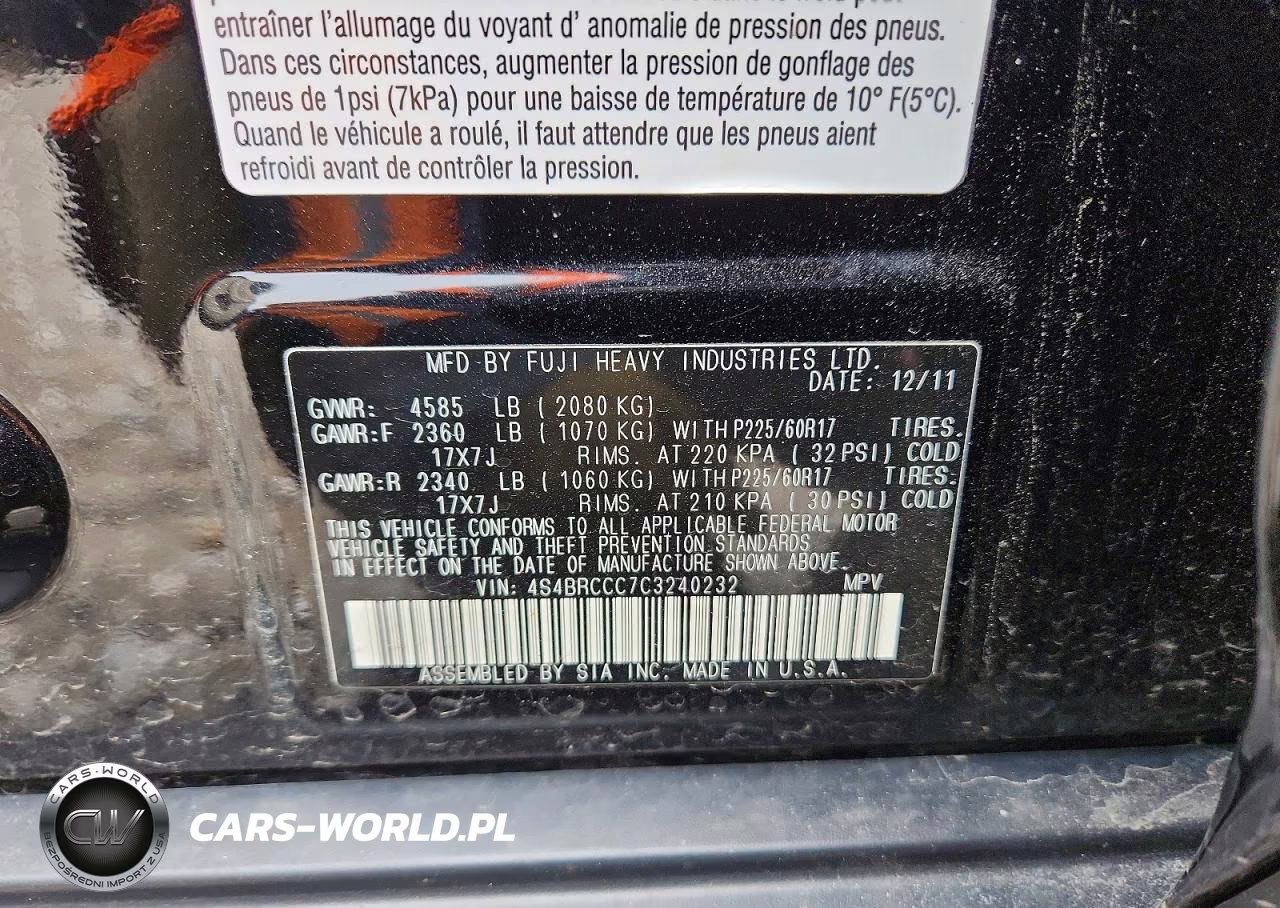 2012 Subaru Outback 2.5I Premium VIN:4S4BRCCC7C3240232 - 13