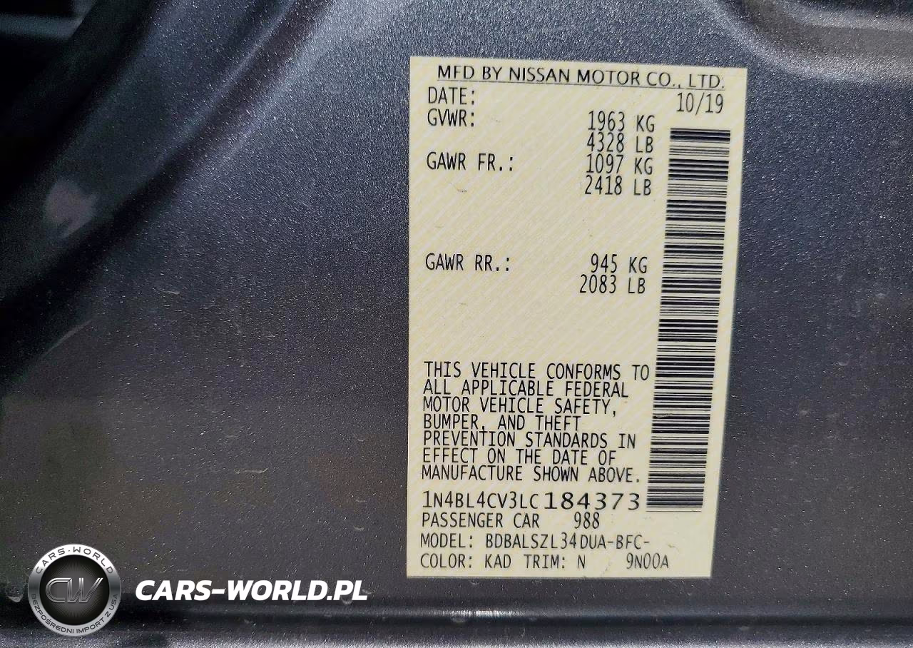 2020 Nissan Altima 2.5 Sr VIN:1N4BL4CV3LC184373 - 12