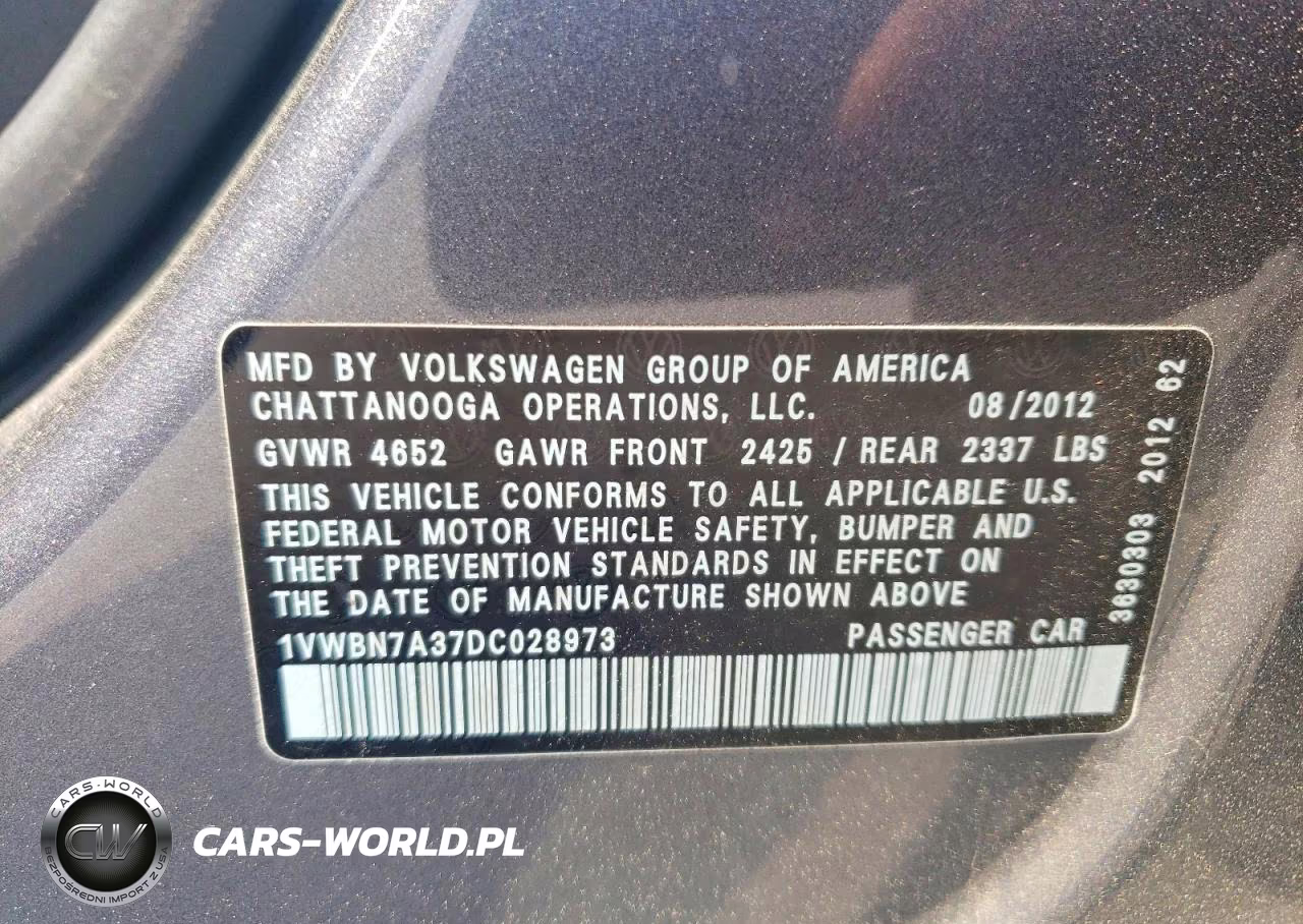 2013 Volkswagen Passat Se VIN:1VWBN7A37DC028973 - 12