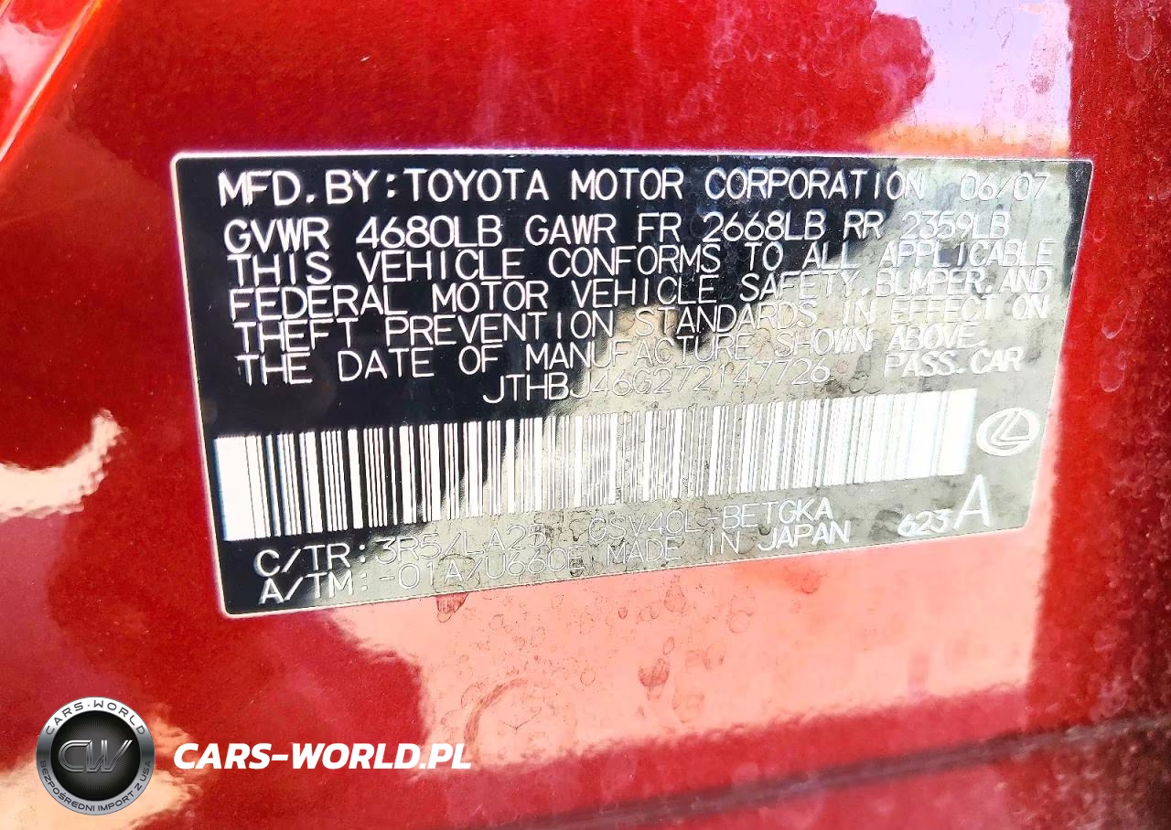 2007 Lexus Es 350 VIN:JTHBJ46G272147726 - 12