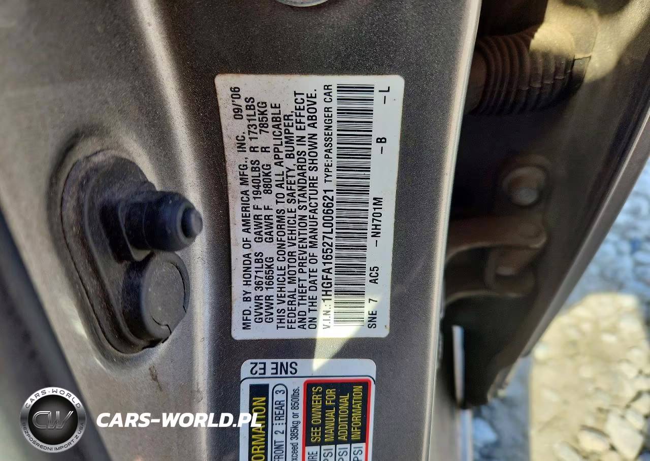 2007 Honda Civic Lx VIN:1HGFA16527L006621 - 12