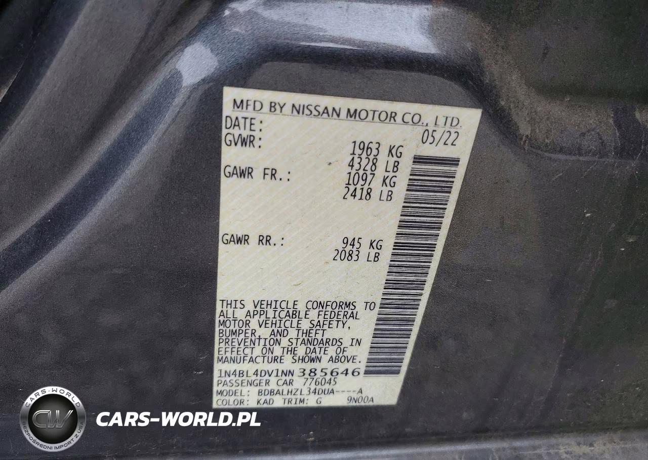 2022 Nissan Altima 2.5 Sv VIN:1N4BL4DV1NN385646 - 13