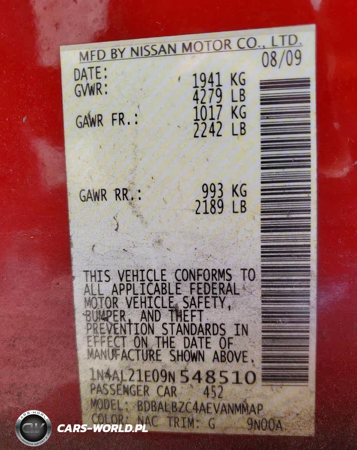 2009 Nissan Altima 2.5 VIN:1N4AL21E09N548510 - 12