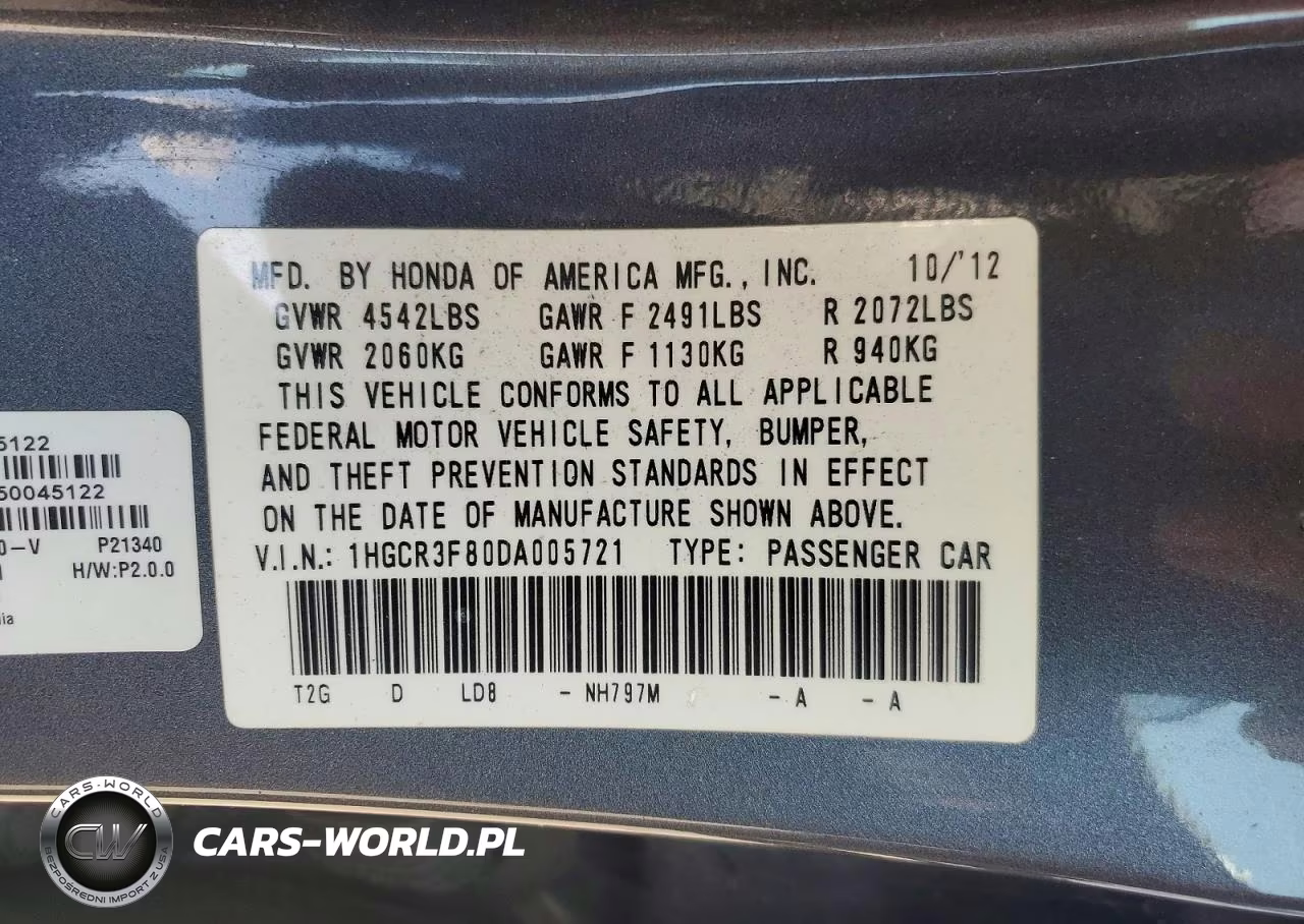 2013 Honda Accord Exl VIN:1HGCR3F80DA005721 - 12