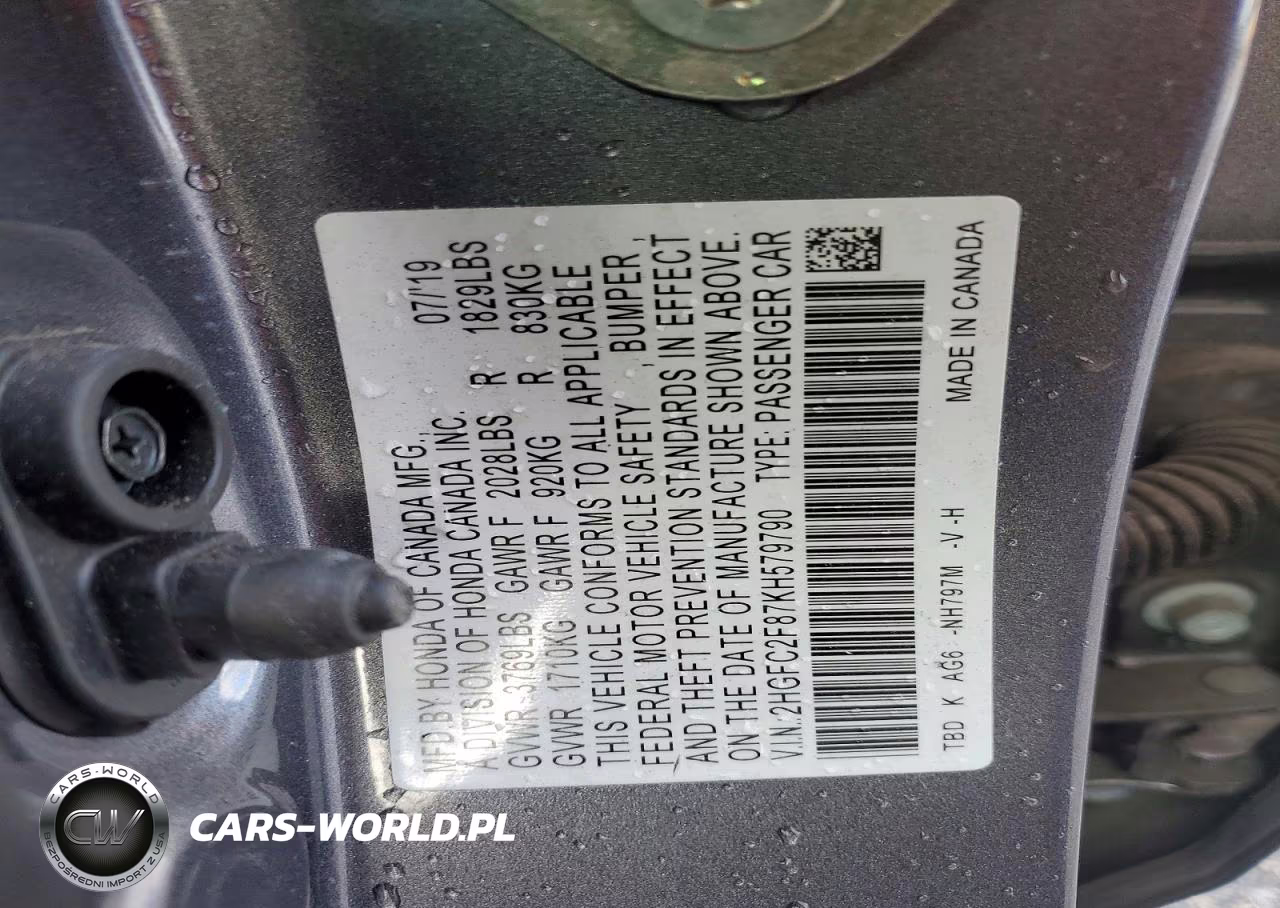 2019 Honda Civic Sport VIN:2HGFC2F87KH579790 - 12