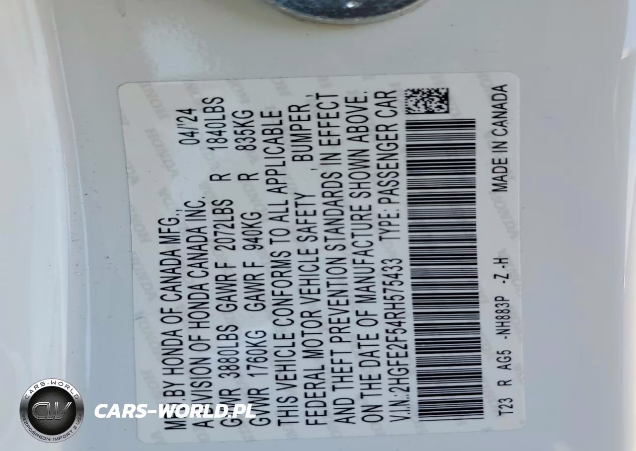 2024 Honda Civic Sport VIN:2HGFE2F54RH575433 - 12