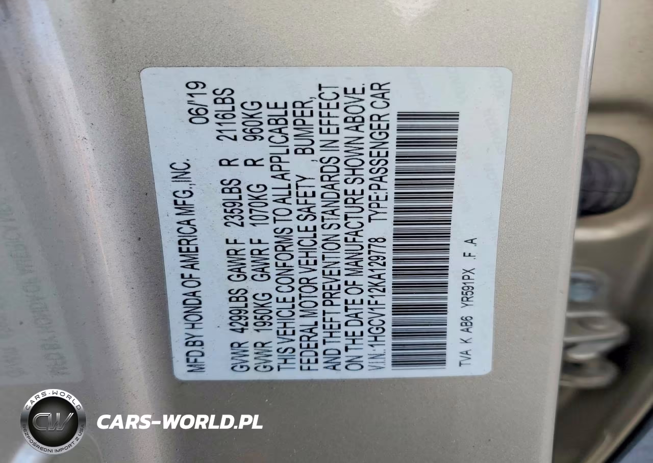 2019 Honda Accord Lx VIN:1HGCV1F12KA129778 - 13