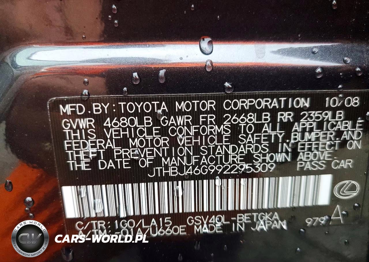 2009 Lexus Es 350 VIN:JTHBJ46G992295309 - 12