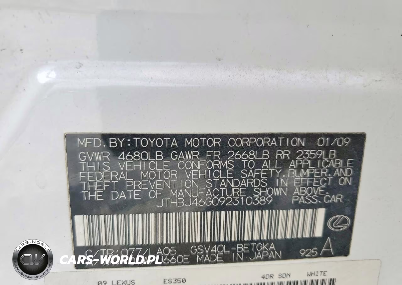 2009 Lexus Es 350 VIN:JTHBJ46G092310389 - 12