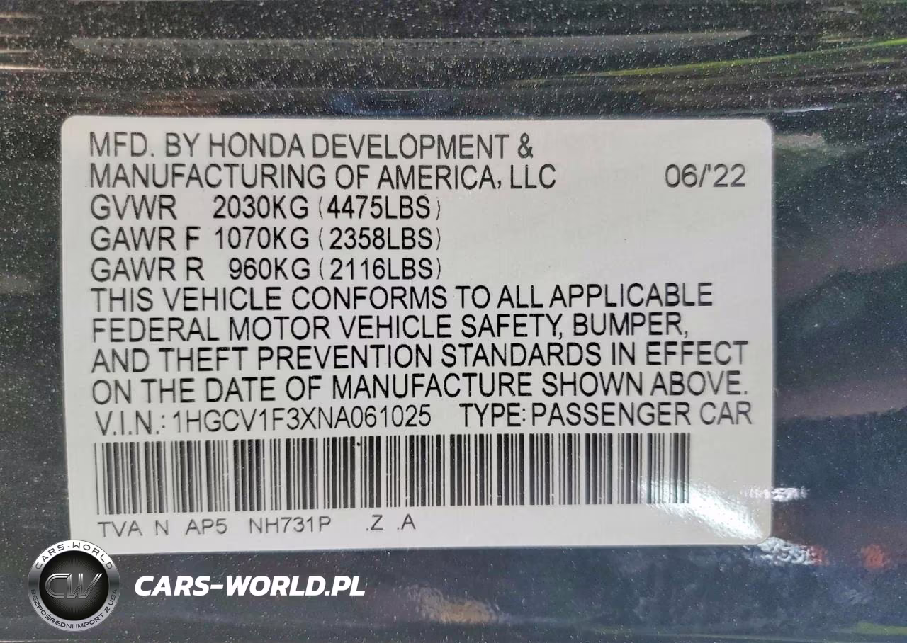 2022 Honda Accord Sport VIN:1HGCV1F3XNA061025 - 12