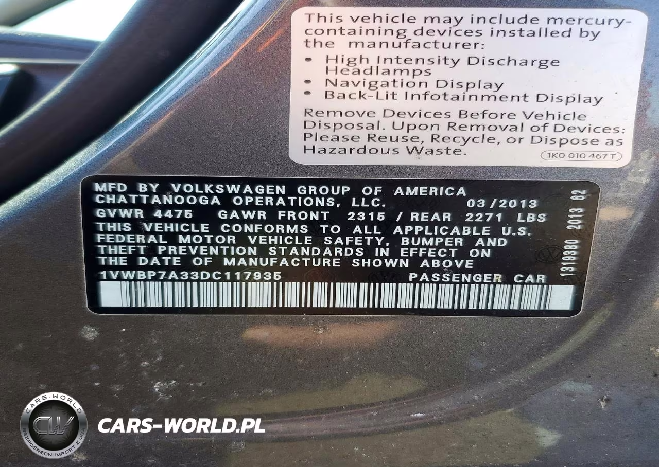 2013 Volkswagen Passat Se VIN:1VWBP7A33DC117935 - 12
