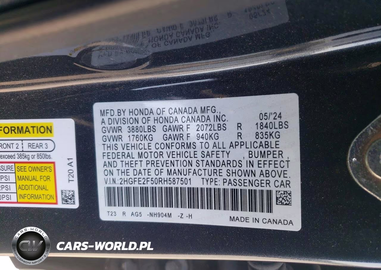 2024 Honda Civic Sport VIN:2HGFE2F50RH587501 - 12