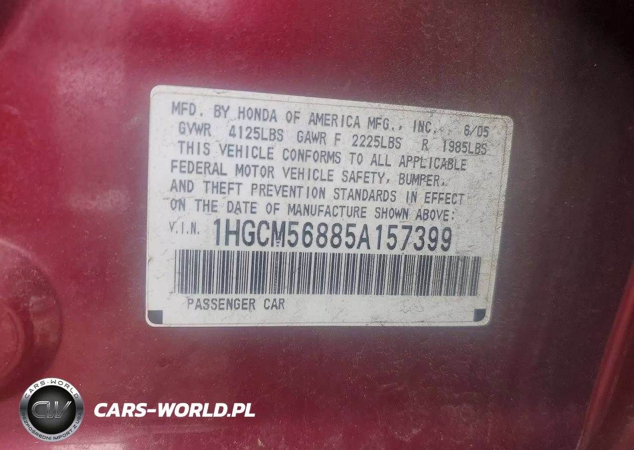 2005 Honda Accord Ex VIN:1HGCM56885A157399 - 12