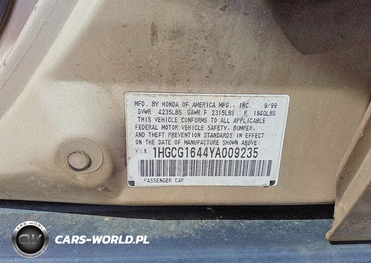 2000 Honda Accord Lx VIN:1HGCG1644YA009235 - 12