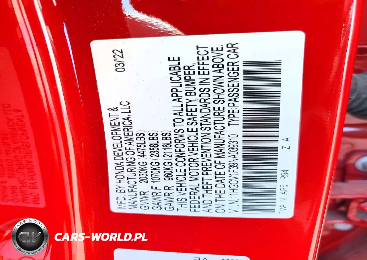 2022 Honda Accord Sport VIN:1HGCV1F39NA039310 - 12