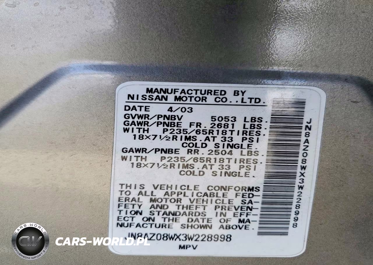 2003 Nissan Murano Sl VIN:JN8AZ08WX3W228998 - 13